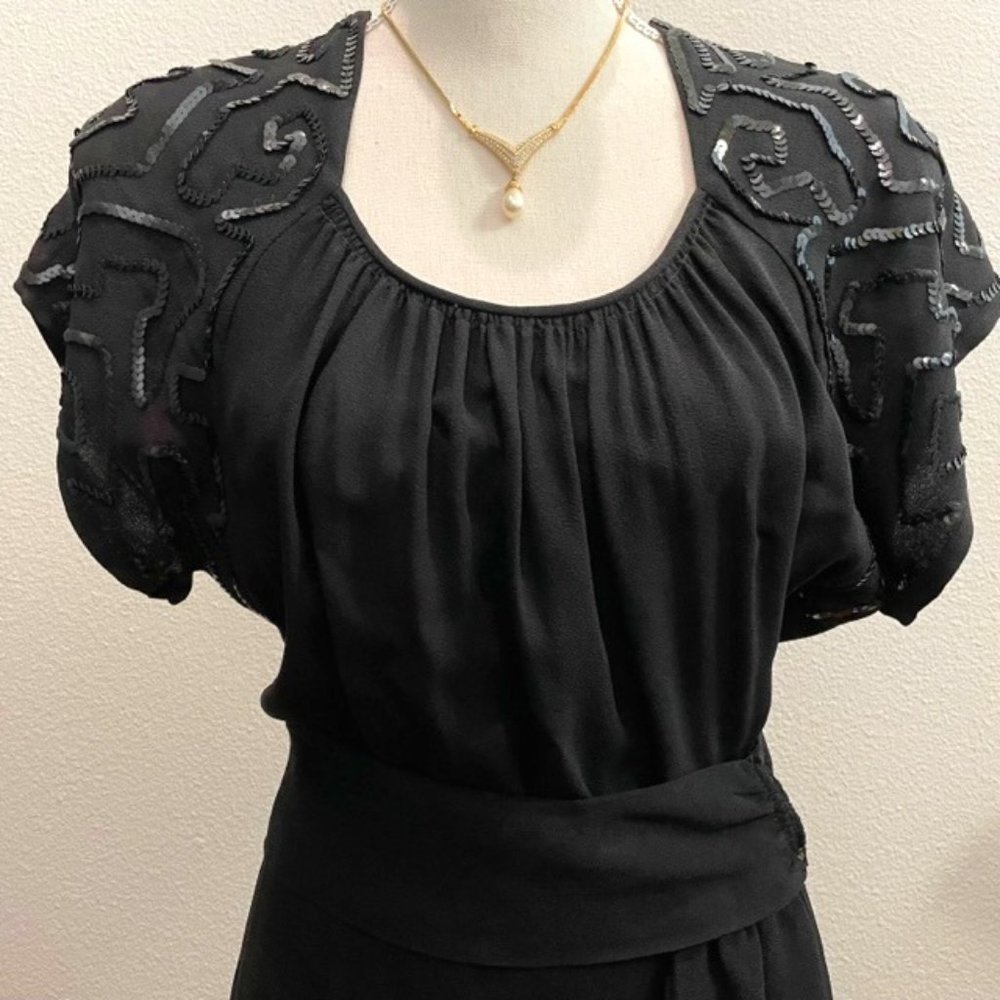 Vintage 1940's Black Crepe Midi Sequin Embellished Cocktail Dress